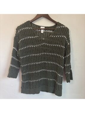 Chico's Olive Green Silver Metallic Open Knit V-Neck Sweater Size 0 Small S